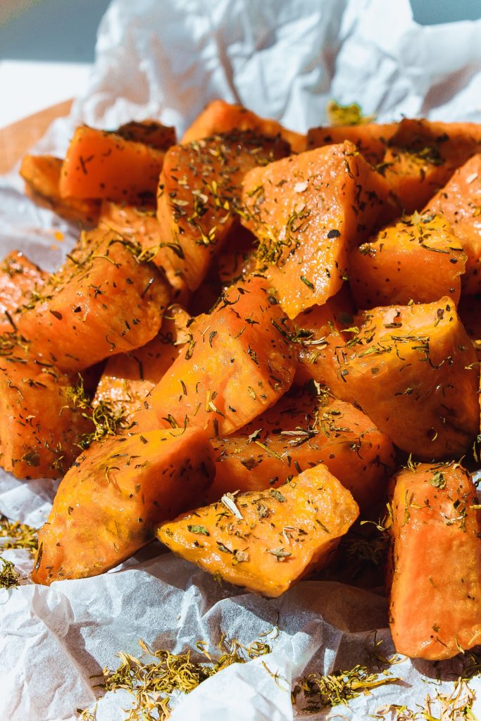 close up of roasted sweet potatoes