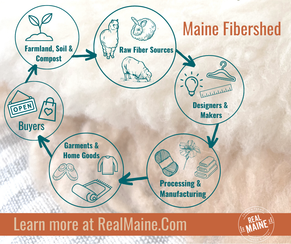 Maine fiber is at the heart of its fibershed. The cycle of fiber from a farm to a bio-degradable finished product is a desired outcome. Connections occur throughout the fibershed geography.
